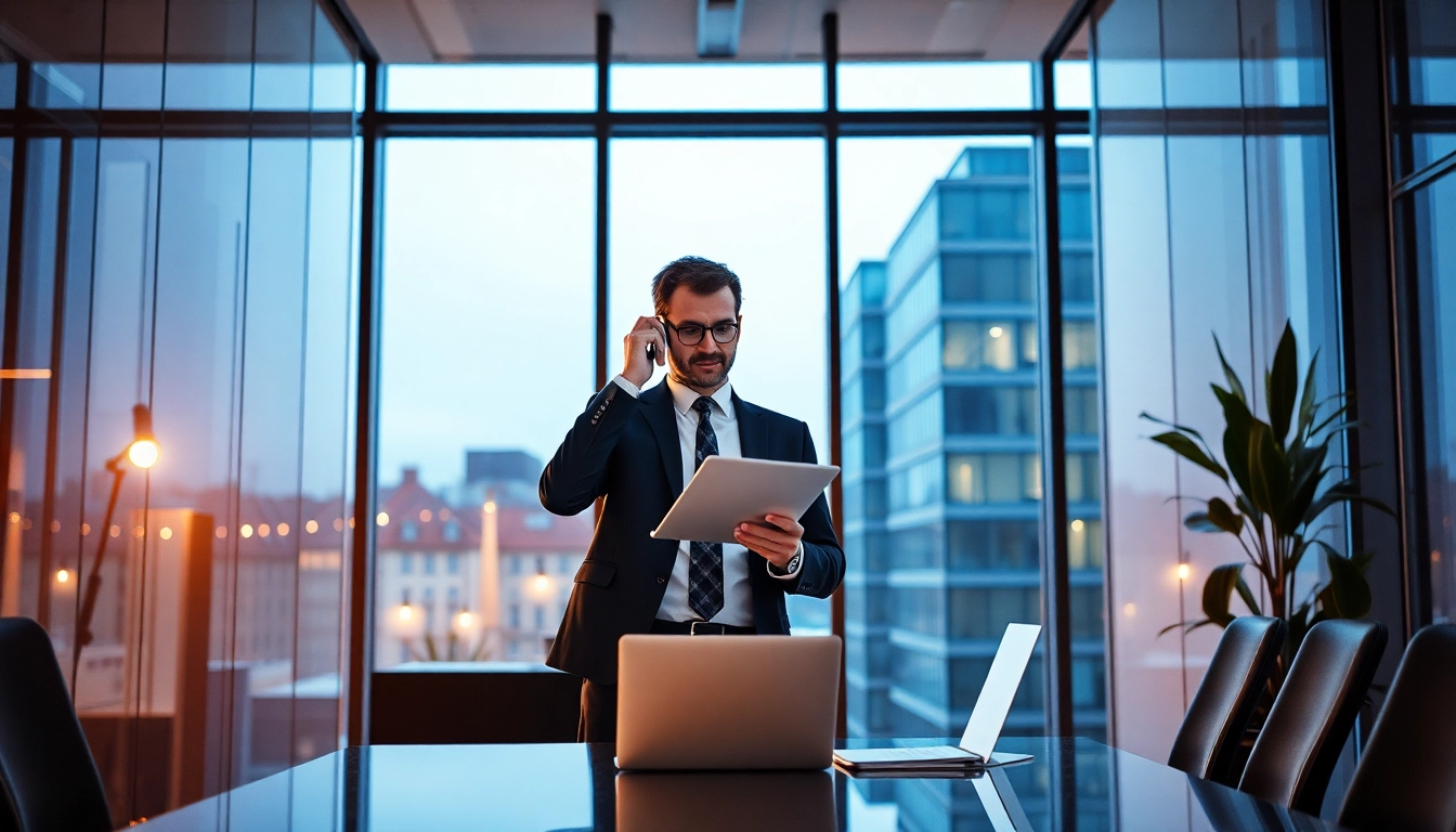 Headhunter Solingen führt ein Gespräch in modernem Büro, umgeben von Notizen.