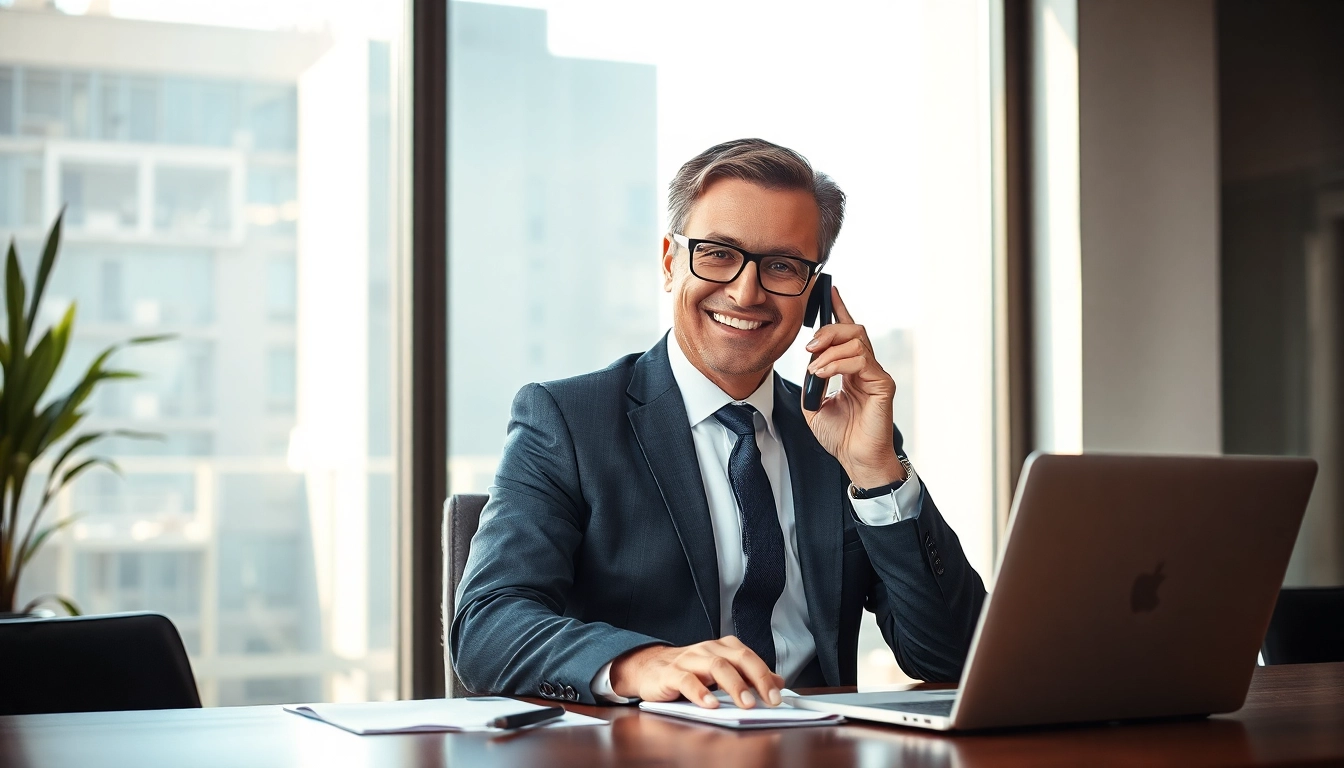 Headhunter Ärzte am Telefon in einem modernen Büro, unterstützt durch Dokumente und Laptop.