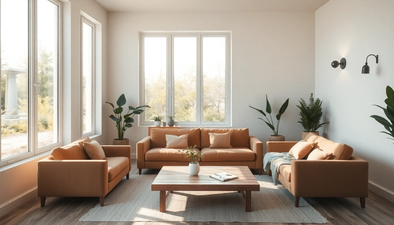 Einladende Raumgestaltung in einem modernen Wohnzimmer mit natürlichem Licht und eleganten Möbeln.