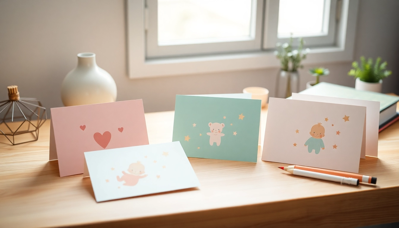 Gestalte personalisierbare Geburtskarten in sanften Pastelltönen mit niedlichen Illustrationen für werdende Eltern.