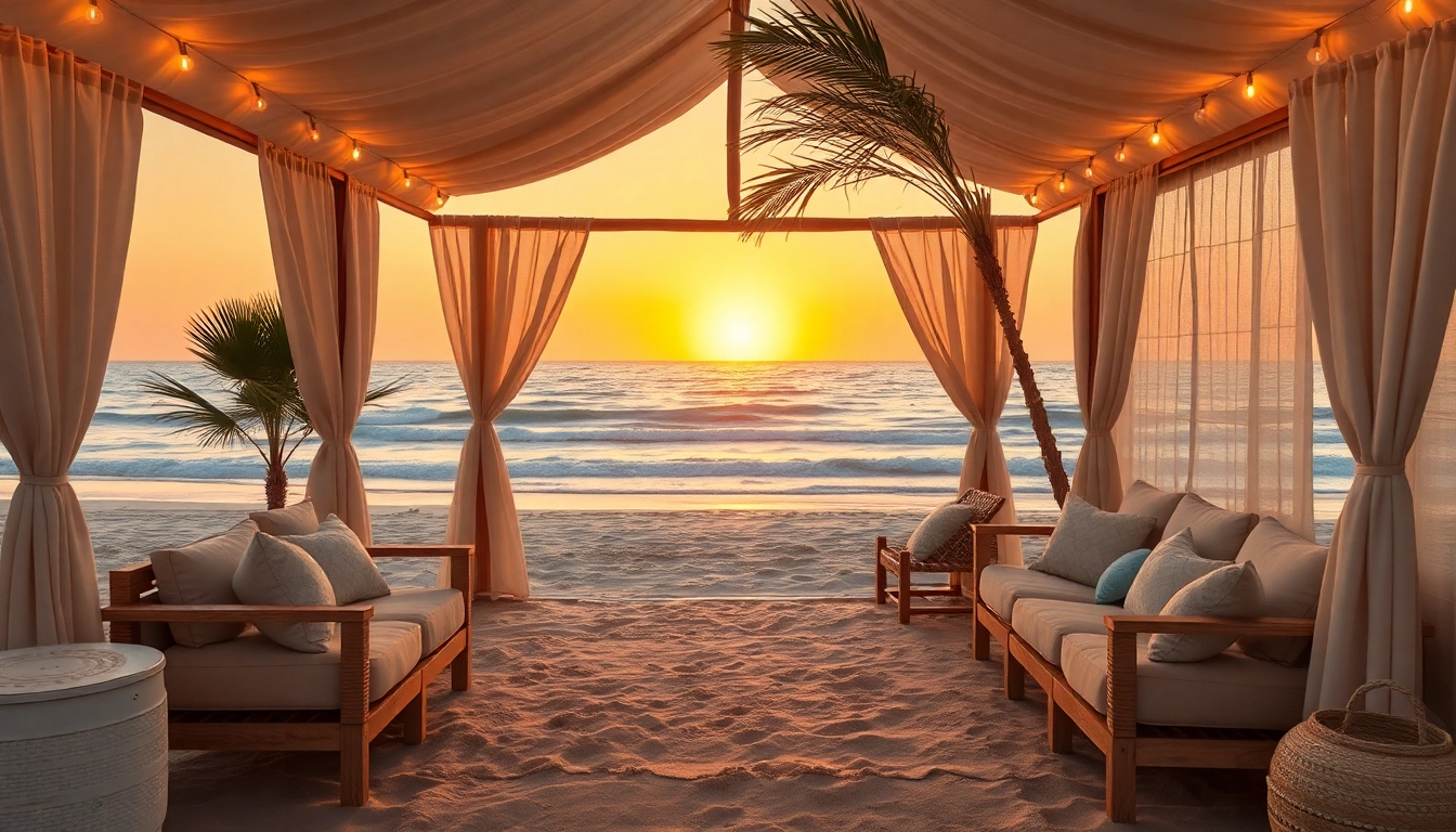 Erlebe die entspannte Atmosphäre eines Coastal Cabana am Strand mit modernen Küstenelementen und warmem Licht.