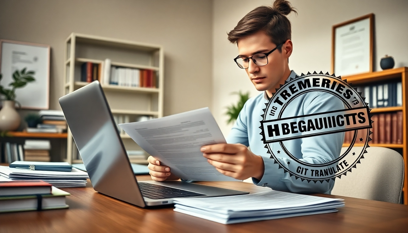 Zertifizierte Übersetzungsdienste in Aktion mit Fokus auf beglaubigte Übersetzung in einer professionellen Büroumgebung.