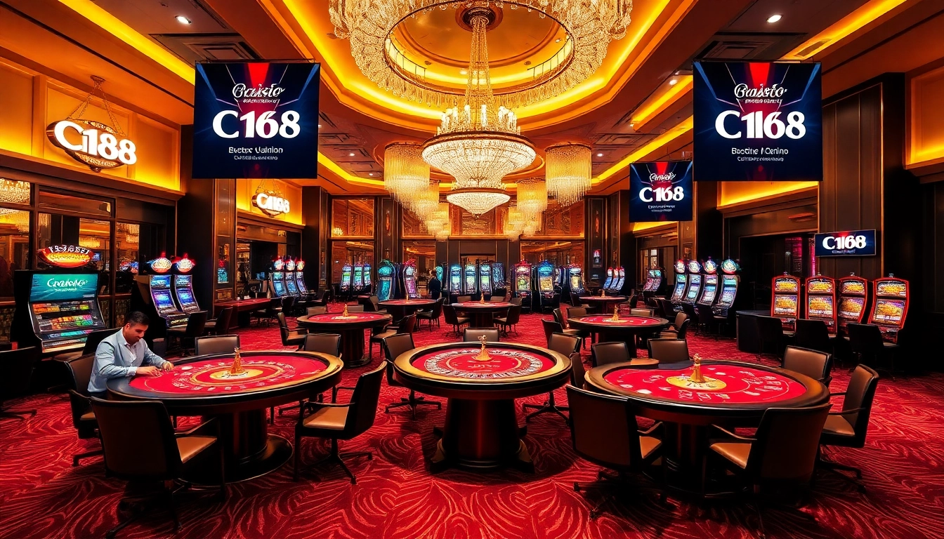 C168 casino scene showcasing vibrant gaming tables and exciting slot machines in a luxurious environment.