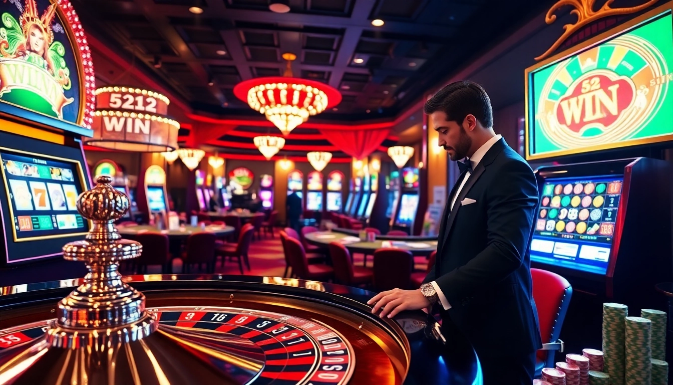 Exciting 52WIN gameplay at a luxury casino with vibrant slot machines and roulette table action.