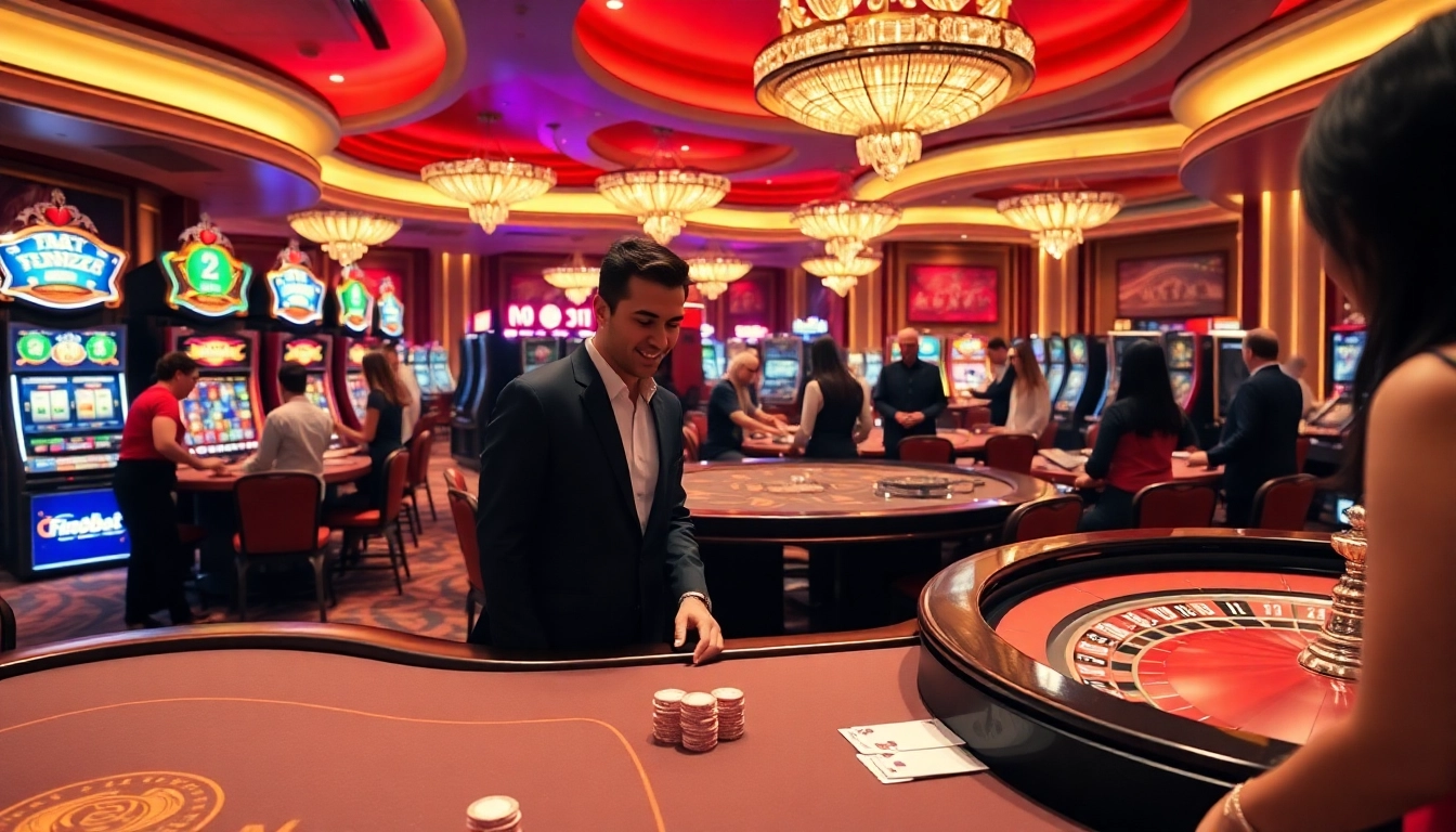 Engaging scene of F8Bet players enjoying diverse casino activities with vibrant tables and machines.
