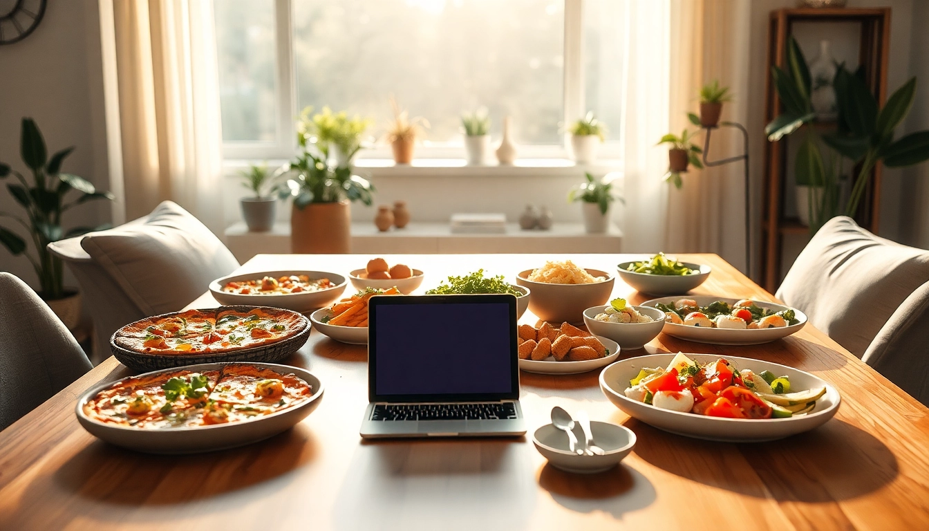 Essen bestellen online: Köstliche Gerichte auf einem modern gedeckten Tisch, inklusive Pizza und Sushi, in einladender Atmosphäre.
