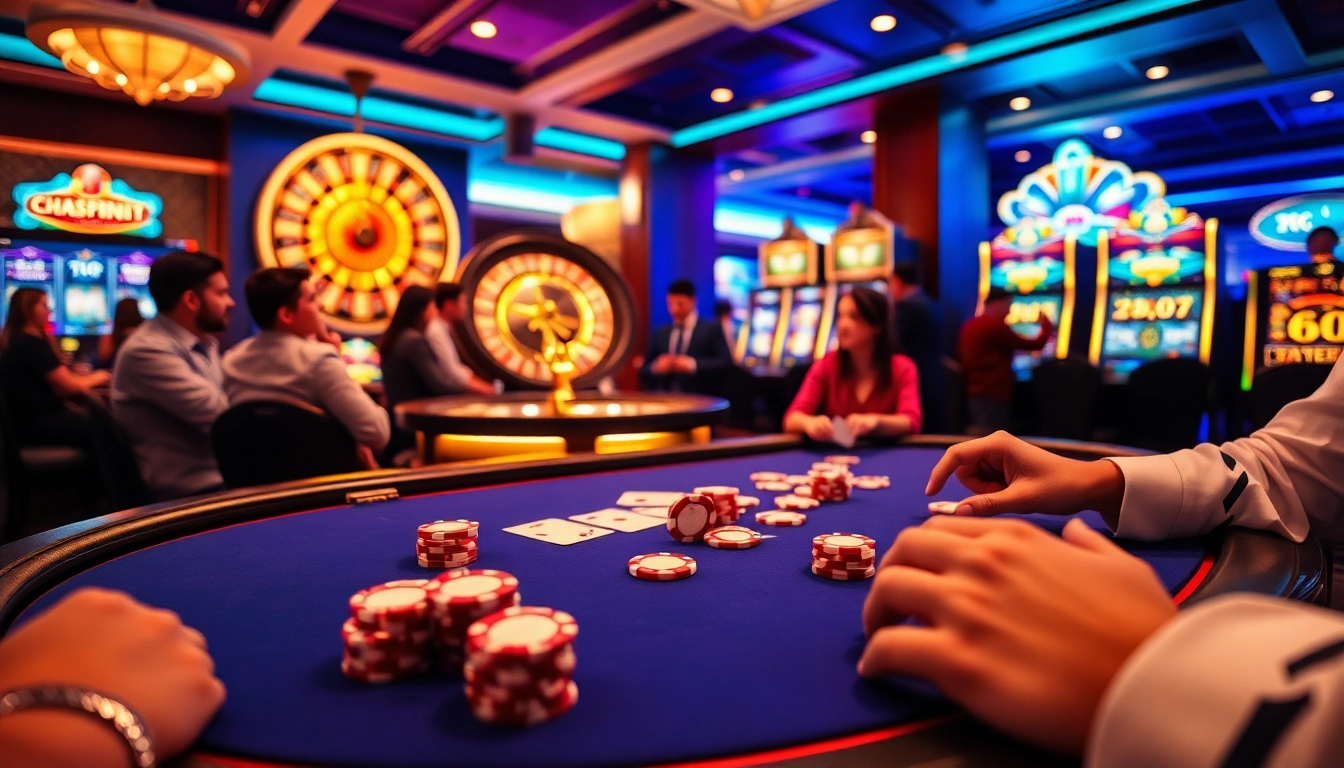 A thrilling casino scene showcasing poker action and slot machine excitement at https://6666bett.com.br.