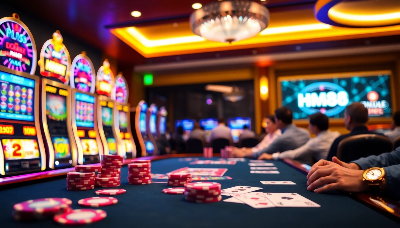 Players enjoying a thrilling game at HM88 casino, showcasing vibrant poker chips and colorful slot machines.