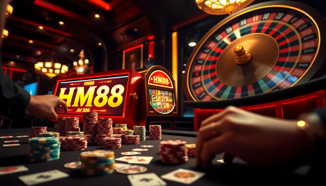 Experience the excitement at HM88 casino with players enjoying vibrant slot games and thrilling poker.