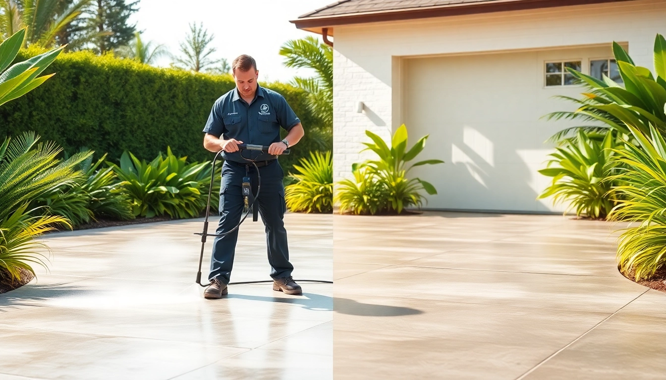 Concrete cleaning in action with a technician using a pressure washer on a driveway, showcasing impressive results.