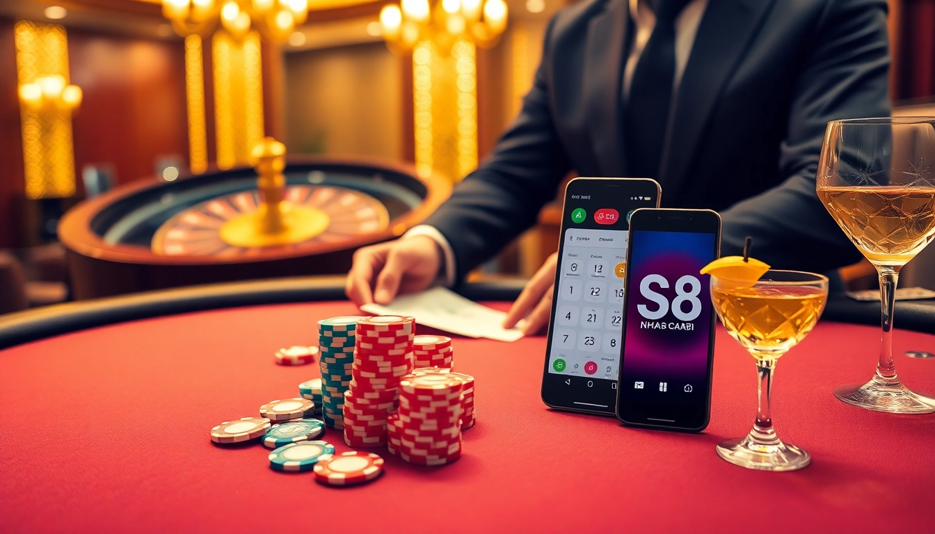 Enjoying a game at Nhà Cái S8’s luxurious casino table featuring cards, chips, and a roulette wheel.