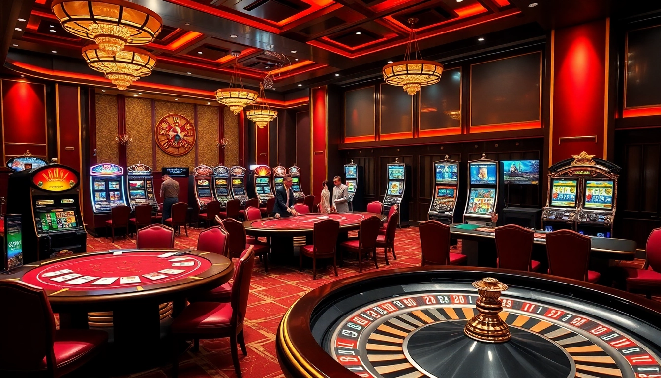 Players enjoying a vibrant casino experience at Nhà cái GACAM888 with poker tables, slot machines, and roulette.