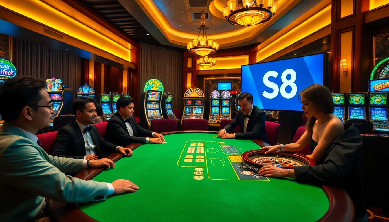 Experience high-stakes poker at S8's luxurious casino, featuring elegant players and vibrant gaming tables.
