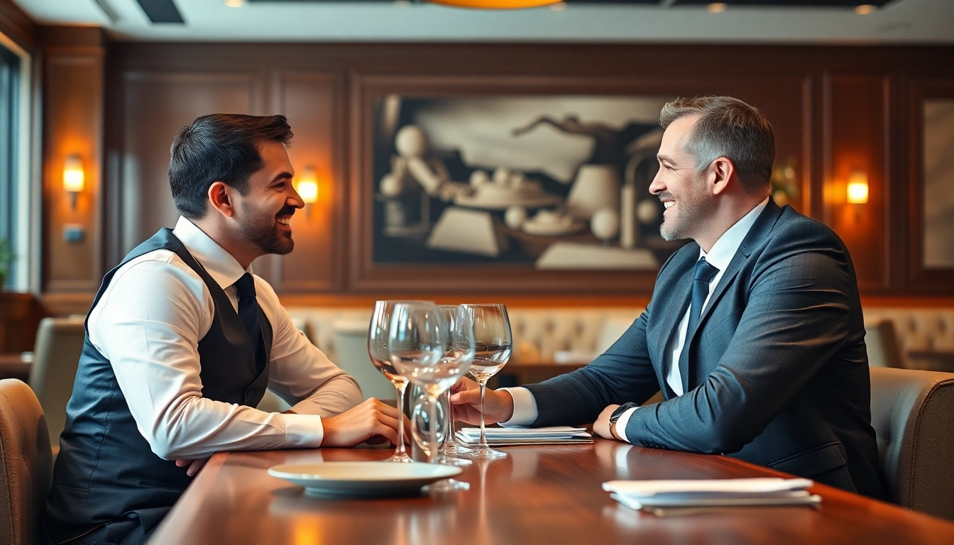 Headhunter Gastronomie interviewt Kandidaten in einem eleganten Restaurant, fokussiert auf das Gespräch und die Atmosphäre.