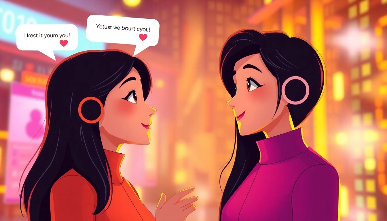 Engaging ai porn chat between digital avatars in a vibrant virtual setting.