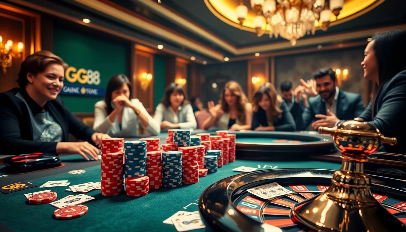 Experience the thrill of poker at GG88 with vibrant chips and an elegant casino atmosphere.