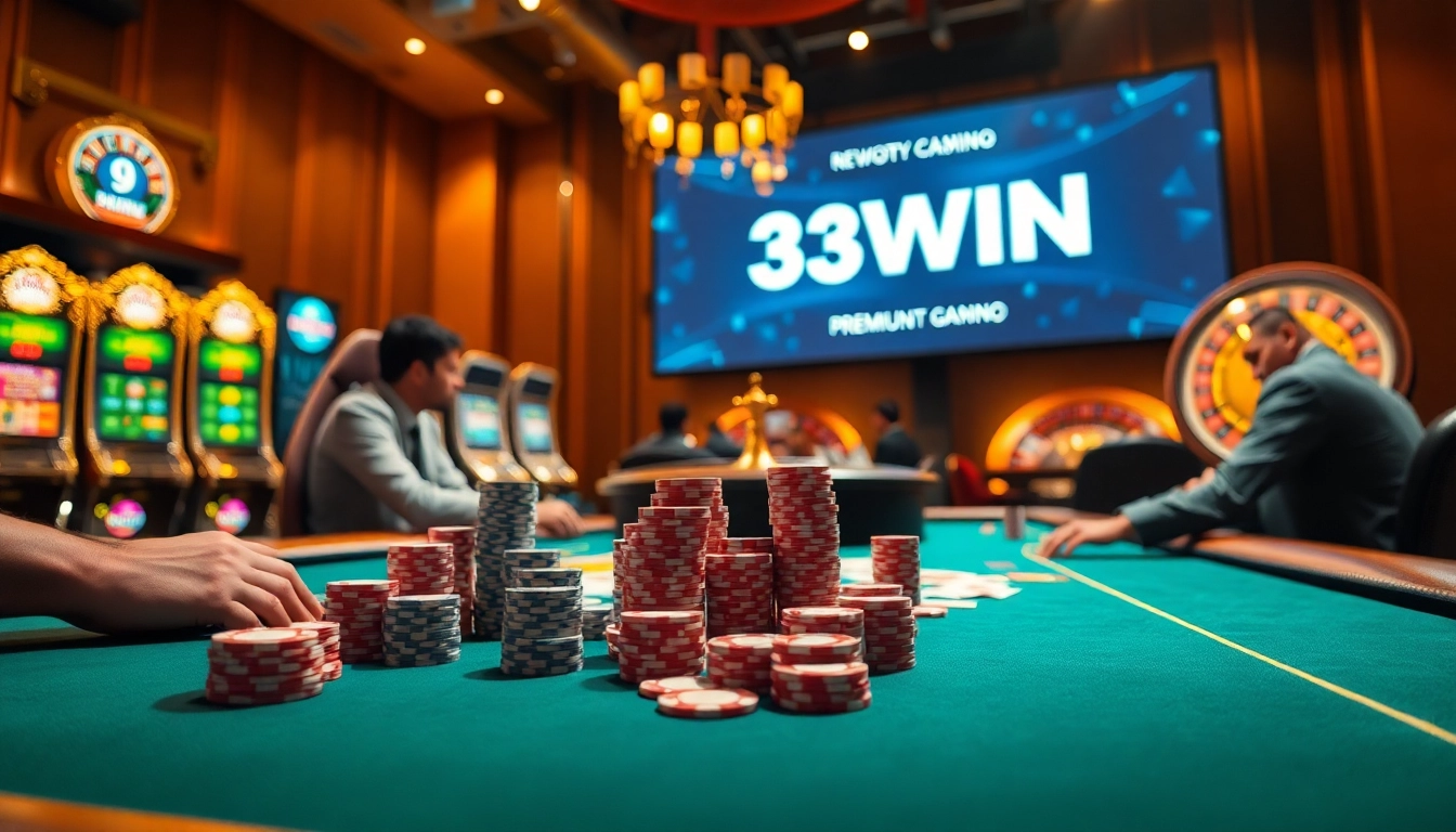 Engaging poker scene at a casino showcasing 33WIN excitement with players and chips.