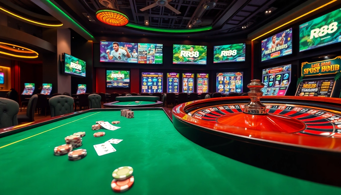 Experience the thrill of RR88 with vibrant poker chips and a shining roulette wheel in an exciting online casino.