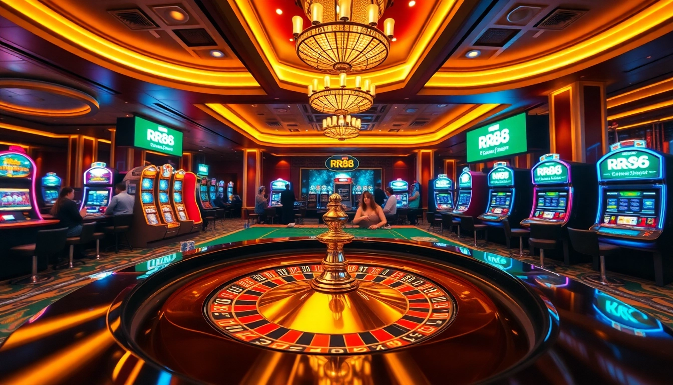 Experience the excitement of RR88 casino with vibrant tables and glowing slot machines.