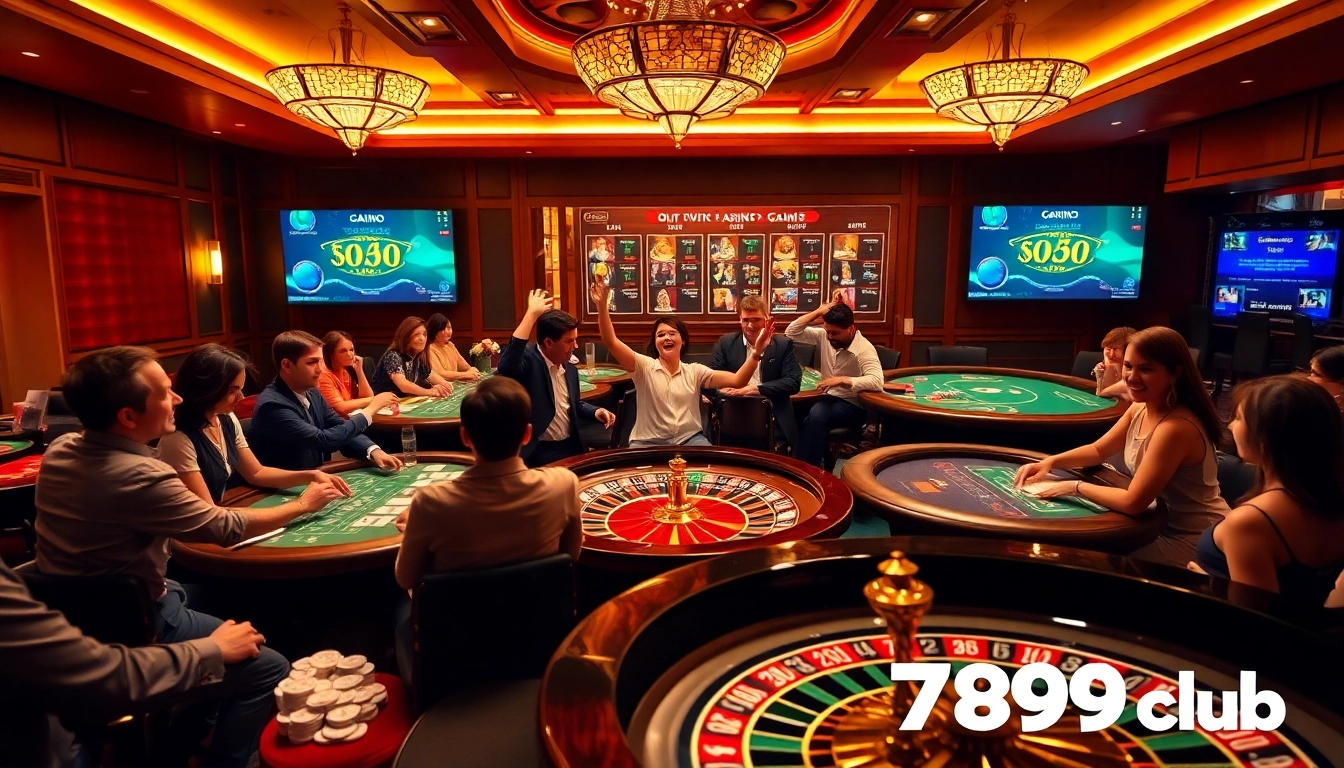 A lively casino scene highlighting gamers betting and enjoying their experience tại 789club with cards, chips, and a roulette wheel.