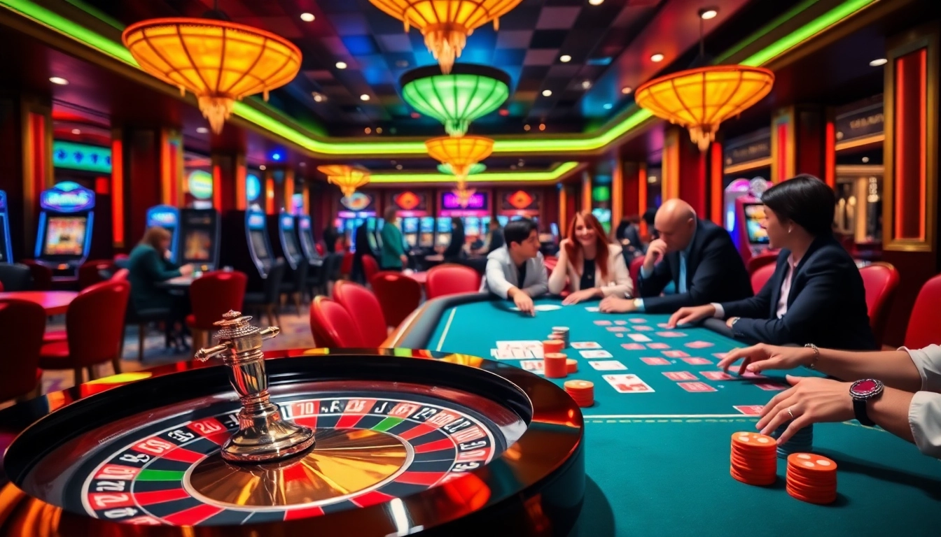 Players enjoying an exciting game at lucky88 com's casino, featuring roulette and poker.