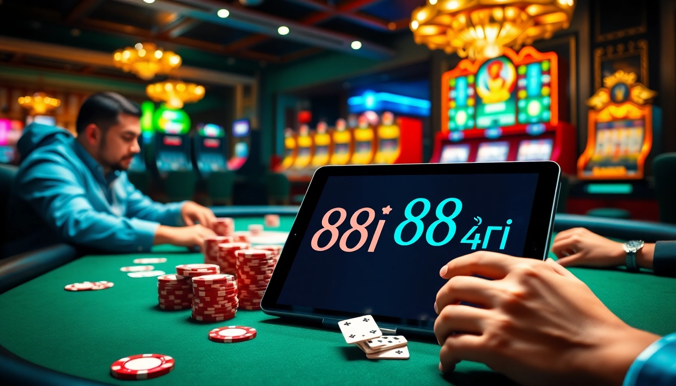 Experience the thrill of 88i nhà cái with players at an elegant poker table and slot machines.