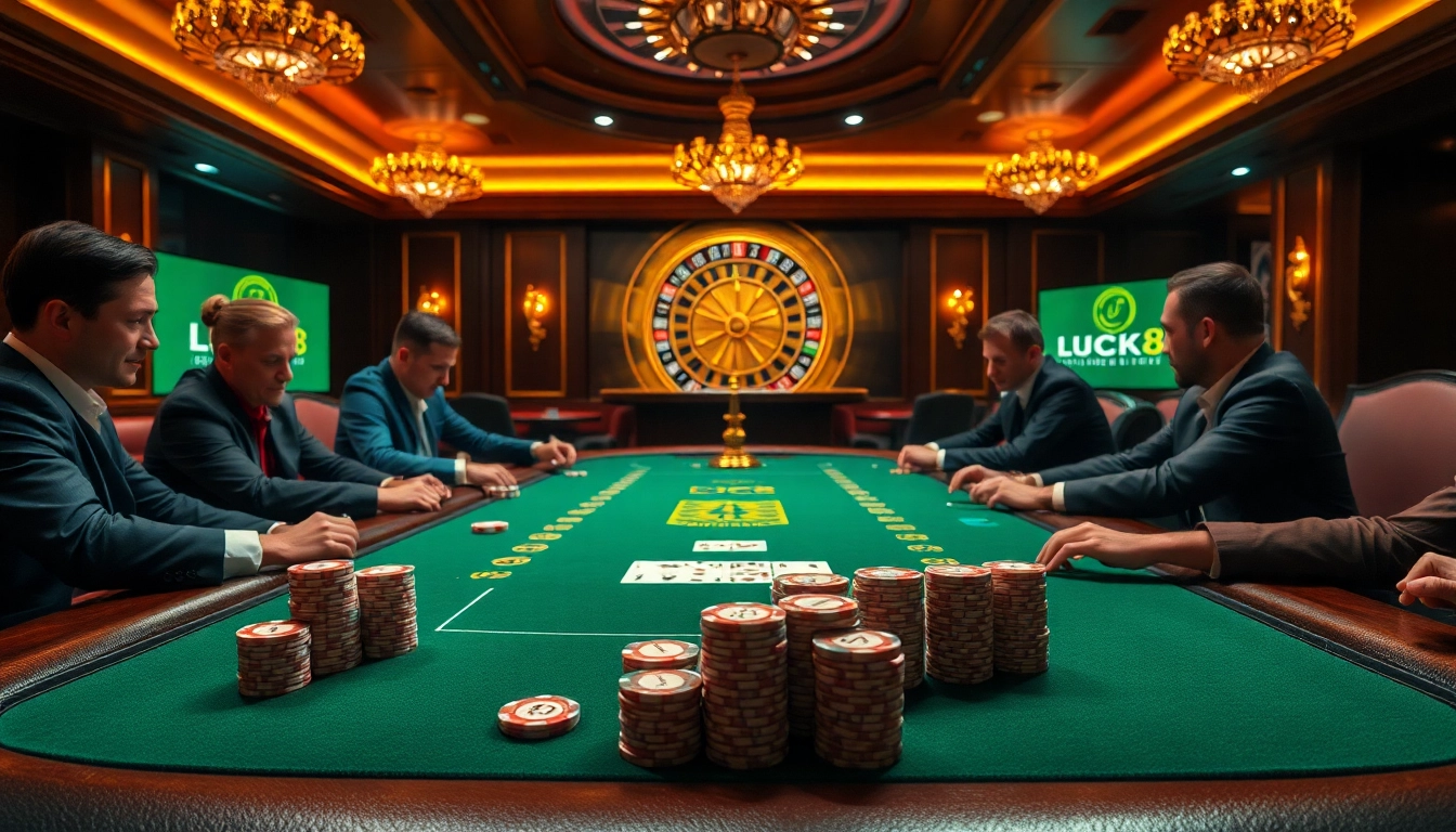 Người chơi tham gia trò poker tiền cược cao tại casino LUCK8, thể hiện không khí sang trọng và lối chơi chuyên nghiệp.