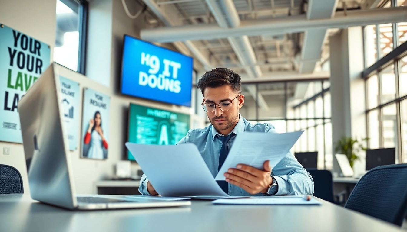 Headhunter IT analyzing candidate profiles in a bright, modern office environment.