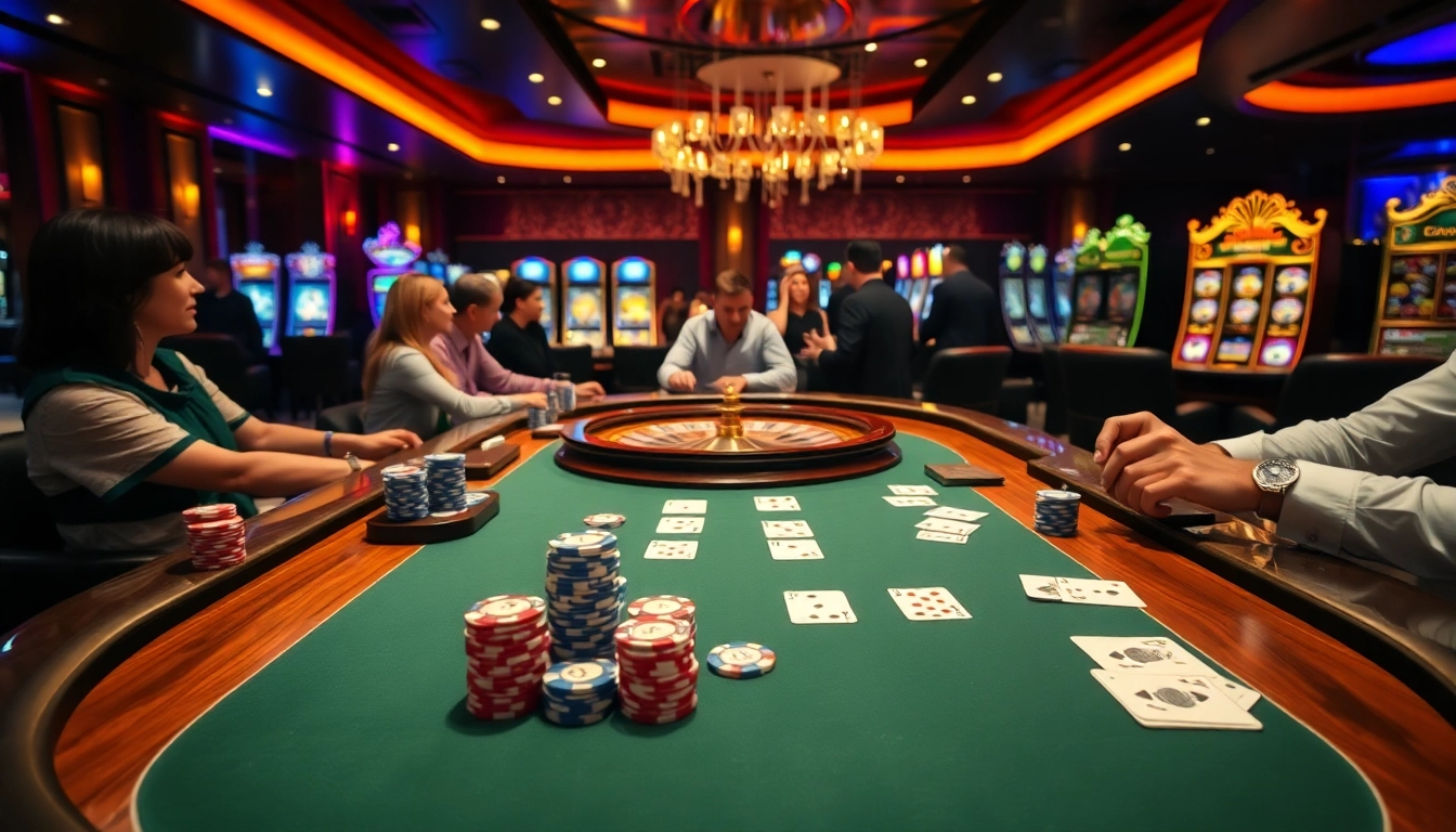 Experience the excitement at 789club with a luxurious casino scene showcasing poker and slot games.