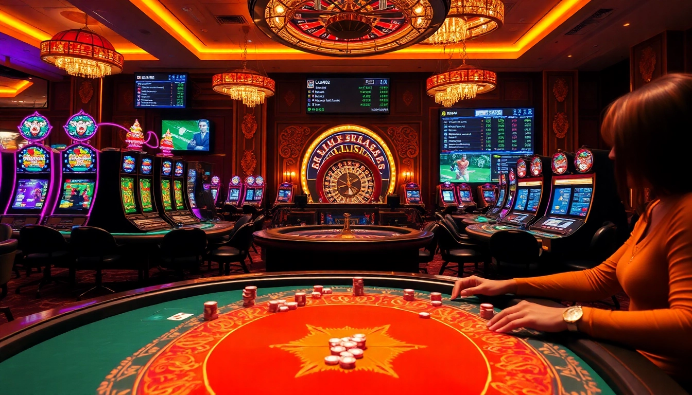 Players placing bets at a vibrant LUCK8 casino table with poker chips and slot machines.