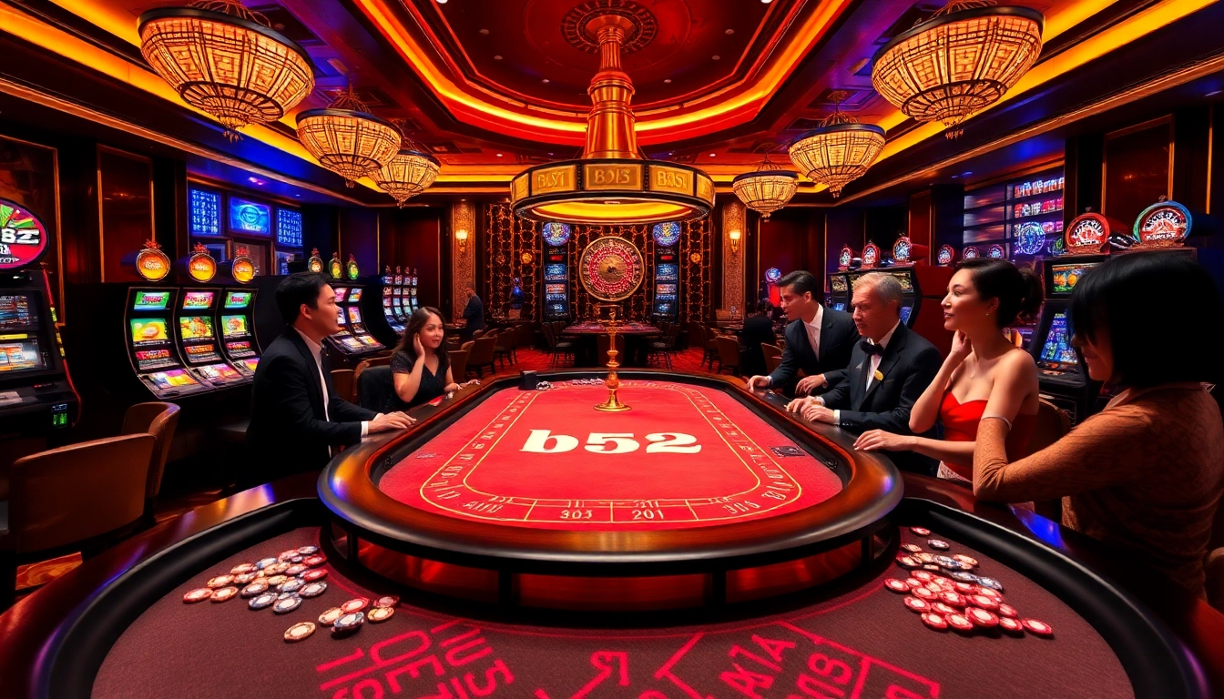 Players enjoying a thrilling b52-themed casino table game, surrounded by colorful chips and a luxurious atmosphere.