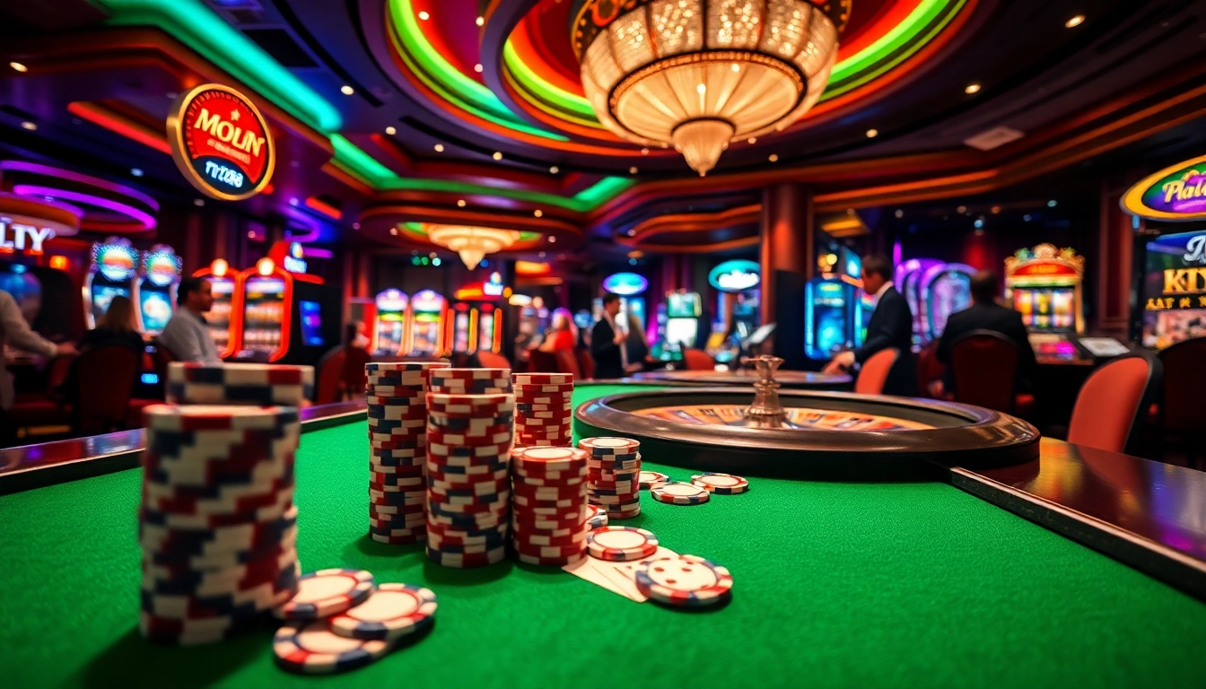 Play exciting casino games at mv88, featuring poker chips and roulette wheels in a lively atmosphere.