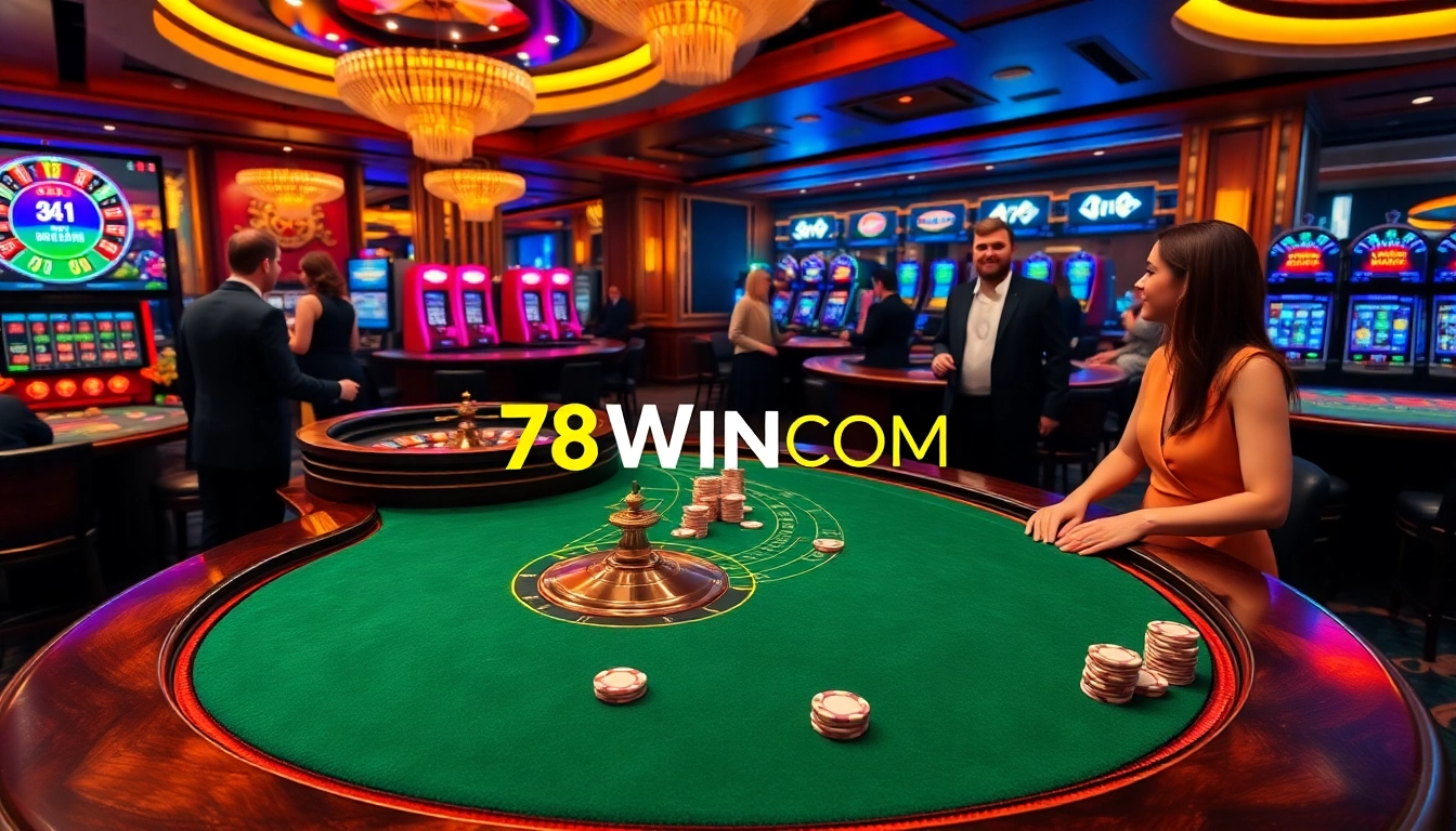 Excited gamblers enjoy high-stakes games at a luxury casino featuring 78WINCOM branding.
