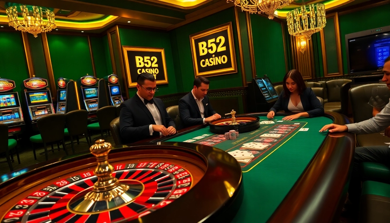 Engage in thrilling gameplay at B52 Casino with vibrant poker tables and high-stakes slots.