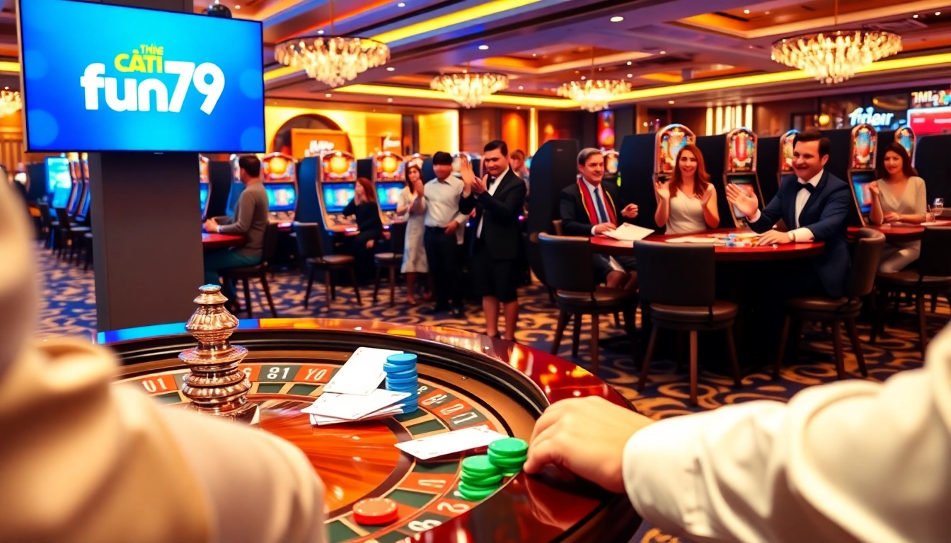 Exciting scene at nhà cái fun79 casino with roulette table, poker chips, and enthusiastic players.
