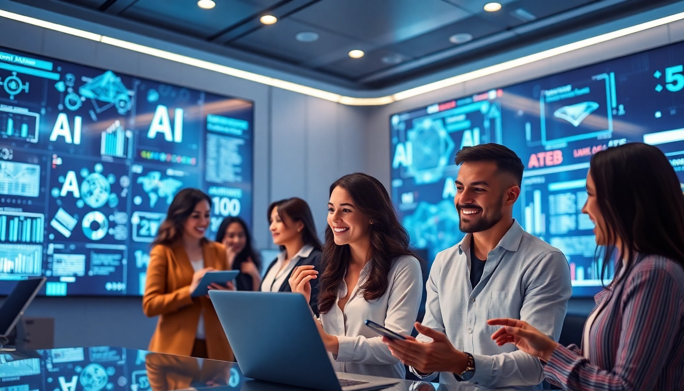 Engaging adults ages 18+ exploring innovative AI applications in a modern workspace.