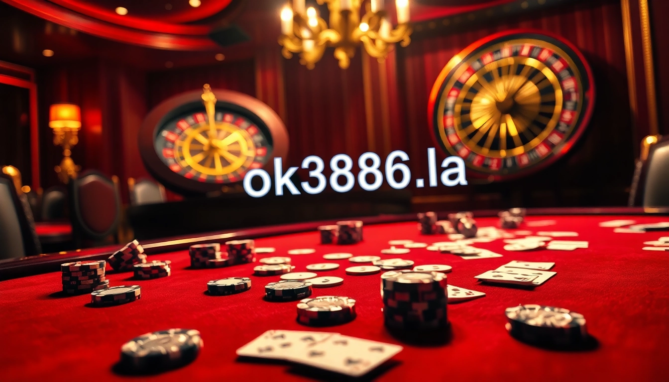 Experience the excitement of high-stakes gaming at ok8386.la with poker chips and a spinning roulette wheel.