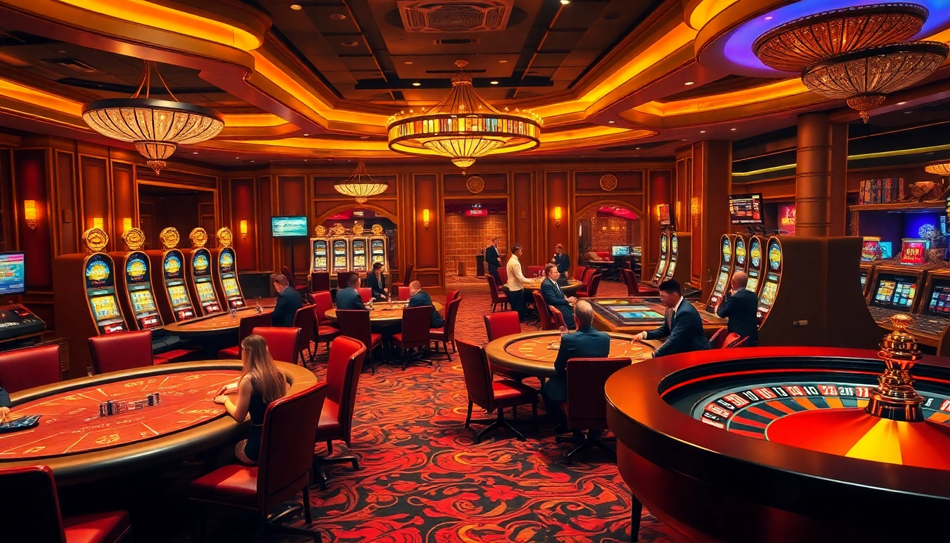 A dynamic gaming environment featuring 88i nhà cái with poker tables, slot machines, and energetic players.