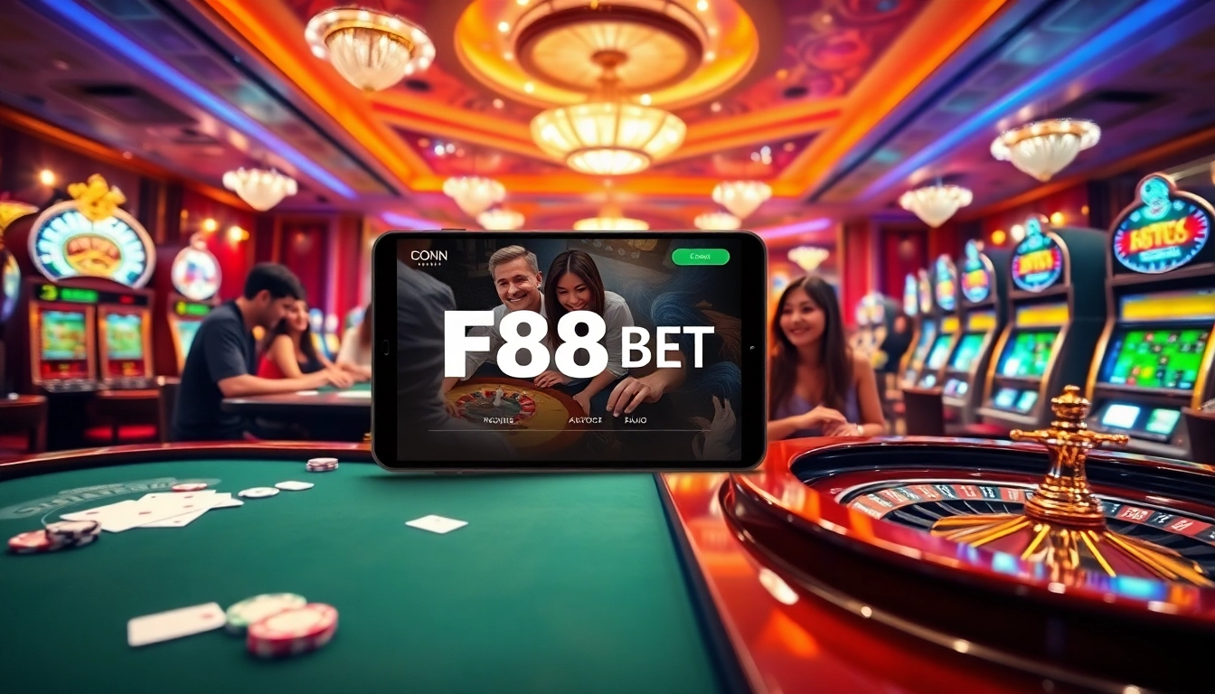 Engaged players enjoy the exhilarating experience at F88BET casino with vibrant tables and screens.