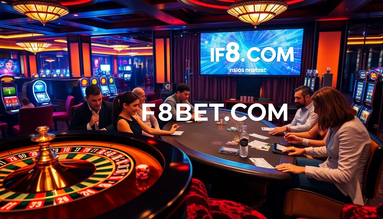 Exciting casino scene featuring diverse players at F8BET COM tables with roulette and poker games.