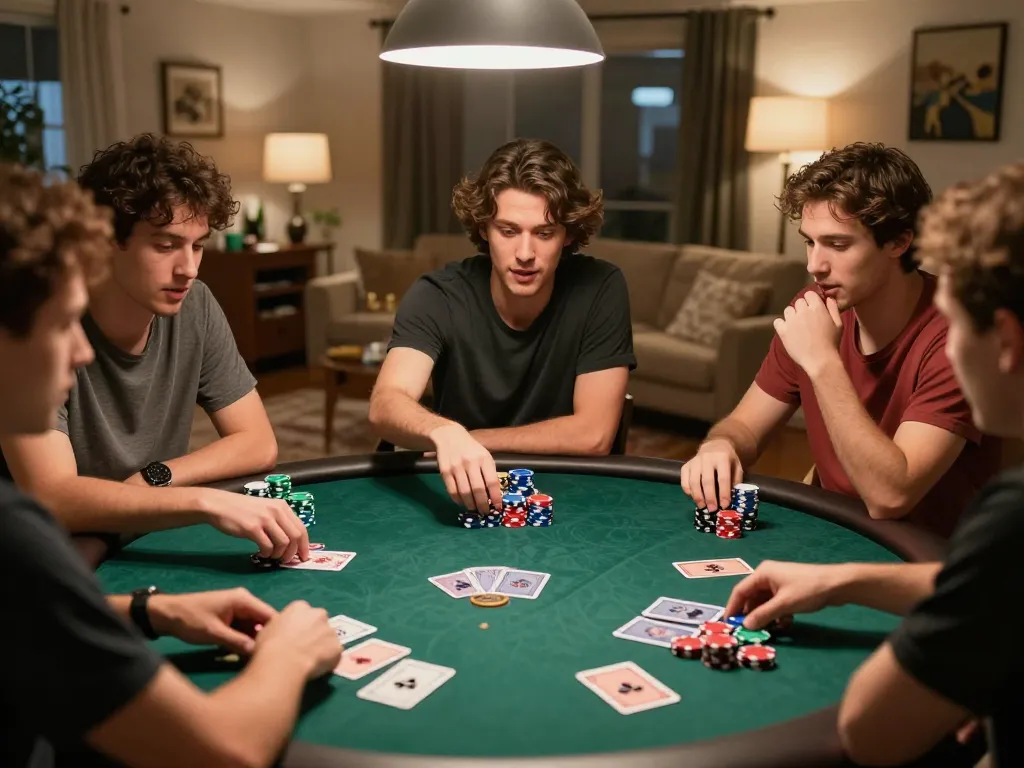 Exciting poker game scene featuring friends actively playing SC888 with vibrant chips and cards.