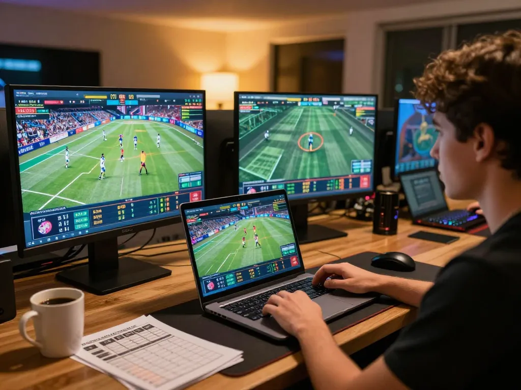 Engaging in sports betting on mk8th with multiple event screens and cozy ambiance.