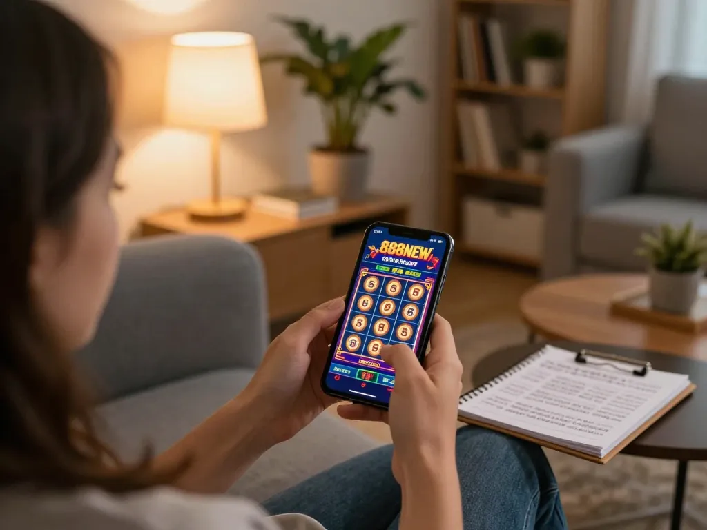 Playing 888NEW online casino on a smartphone while recording strategies in a cozy living room