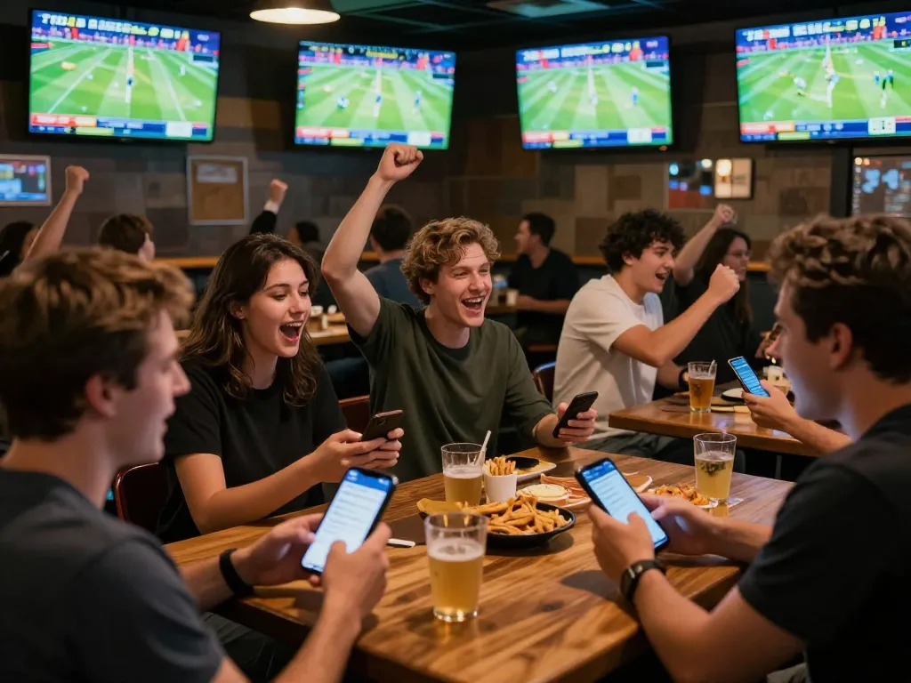 Friends engaged in sports betting on mobile apps at keonhacaii sports bar, excitement in the air.