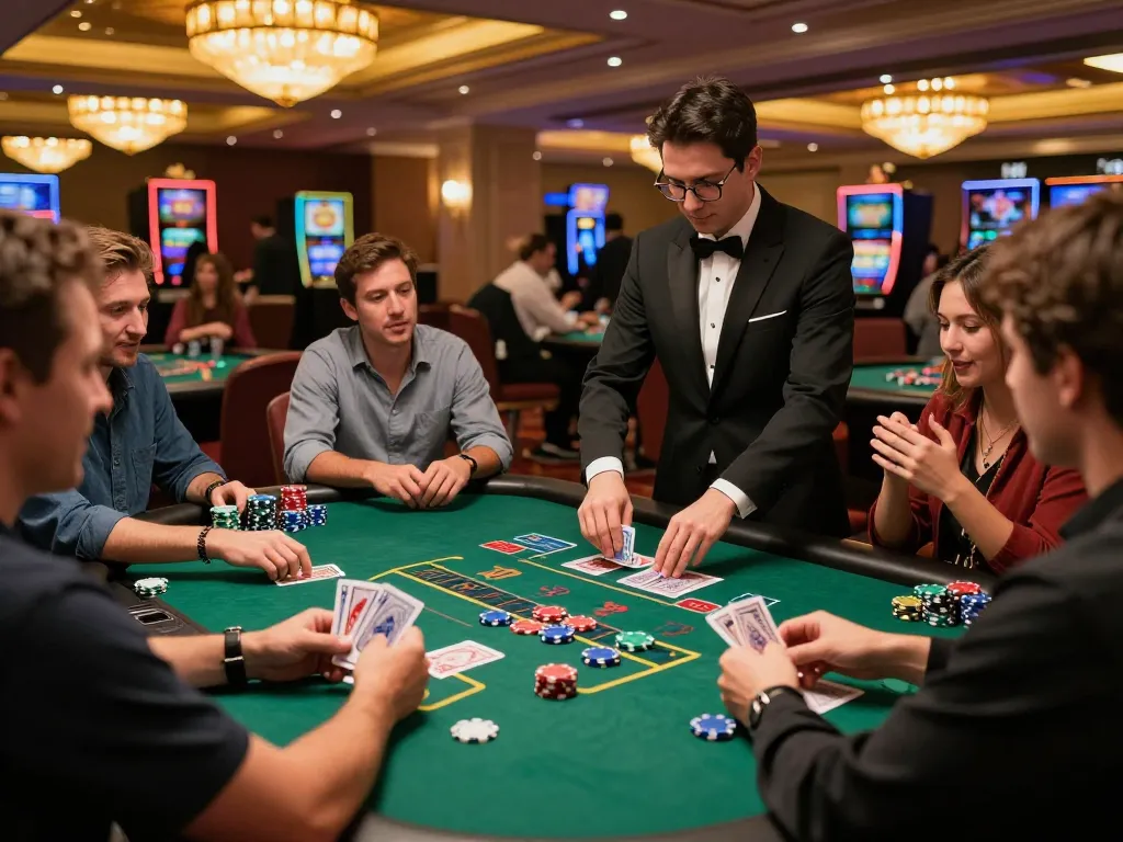 Engaged players at a blackjack table celebrating wins in a vibrant Go8 casino.