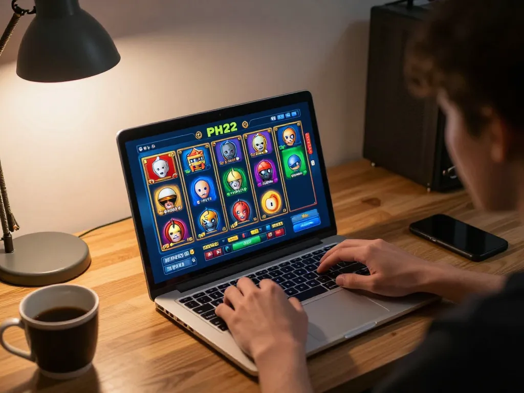 Engaged user playing on PH22 online casino platform with vibrant graphics on laptop screen
