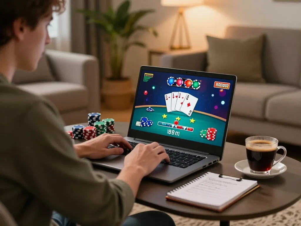 Engaged mk8 player focusing on poker strategy, with colorful chips and a cozy living room backdrop.
