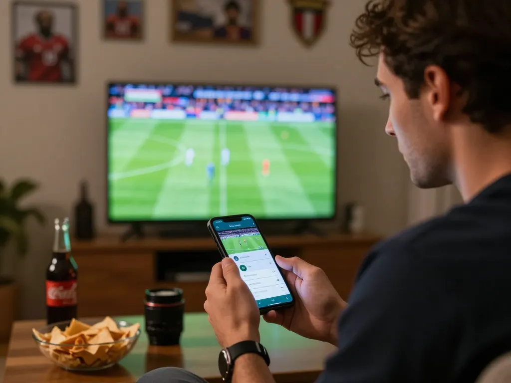 Soi kèo bóng đá moment captured as a sports bettor uses a smartphone app during a live match, showcasing betting excitement.