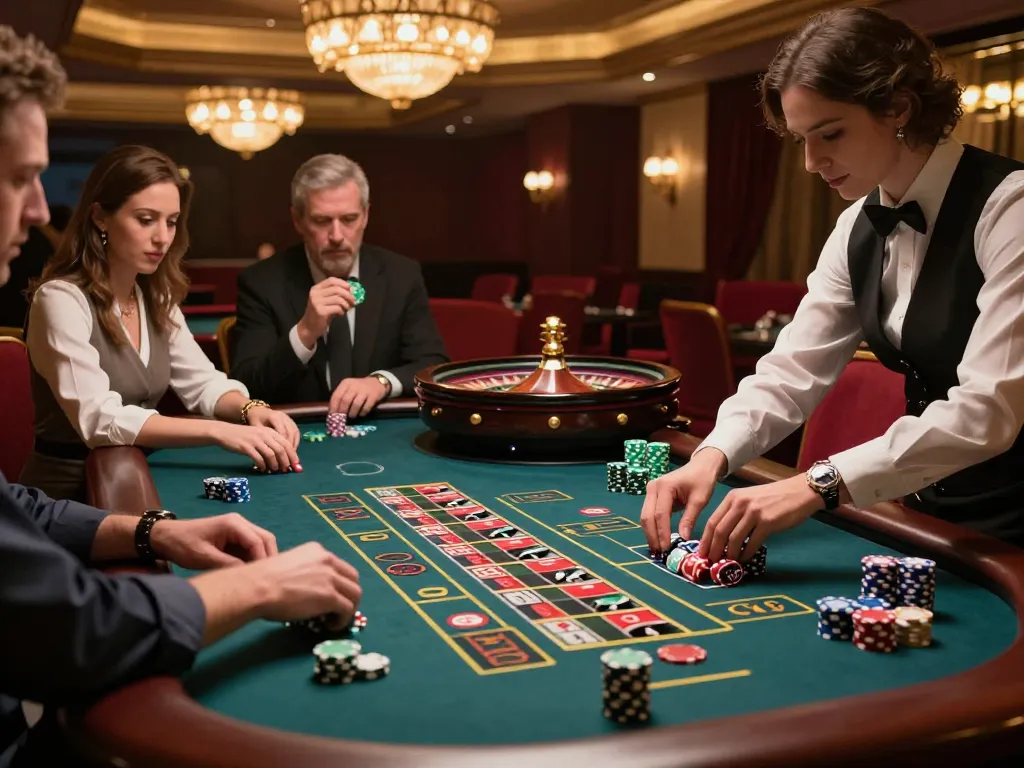 Spieler platzieren Einsätze am Roulette mit Immobilienmakler Frankfurt Preungesheim in einer luxuriösen Casino-Atmosphäre