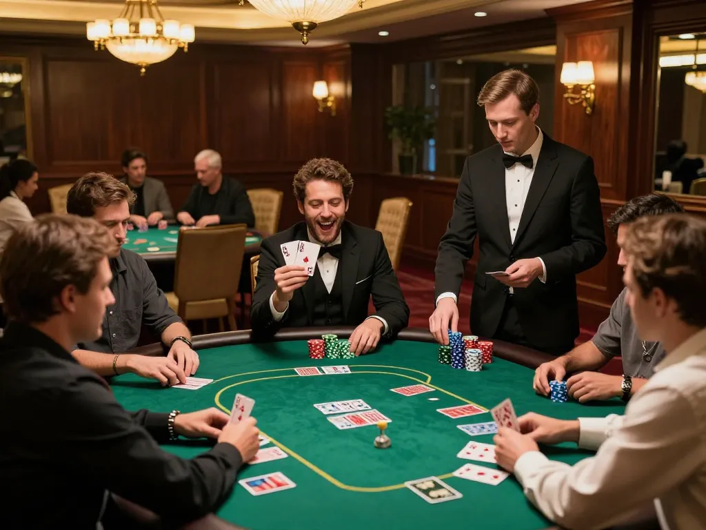 Kuwin poker players celebrating a winning hand at a luxurious casino table.